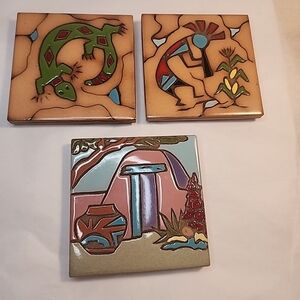 Mag Mor Studios Christine Fitzgerald Handpainted Kokopelli x 3 Tiles Trivets USA